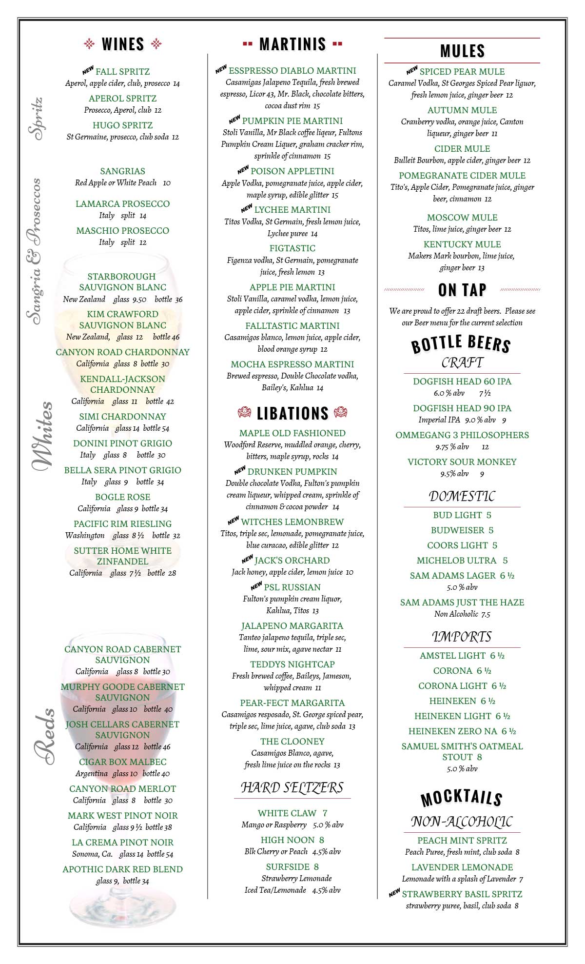 Drink Menu for Thirsty Turtle in Florham Park, NJ