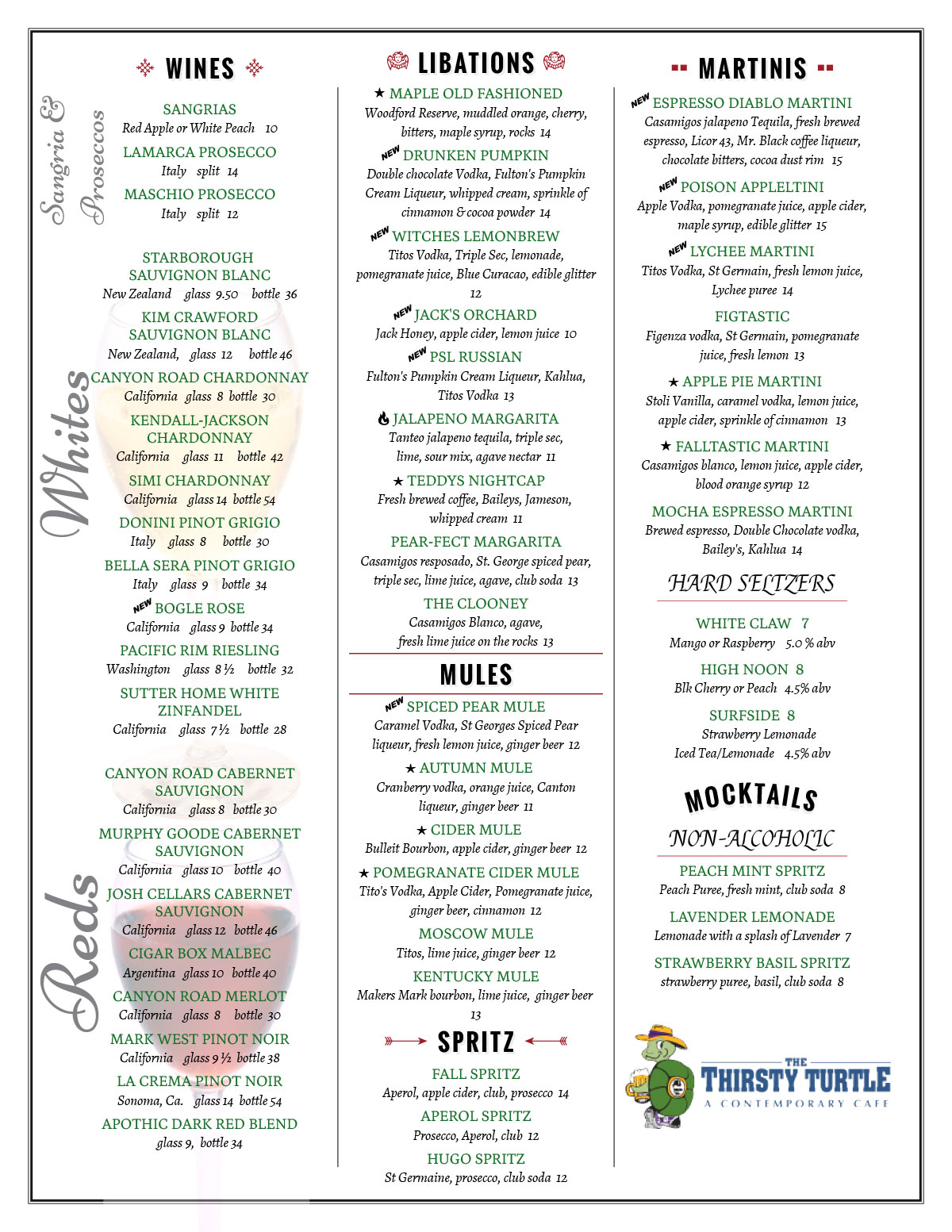 Gluten Free Drink Menu for Thirsty Turtle in Florham Park, NJ
