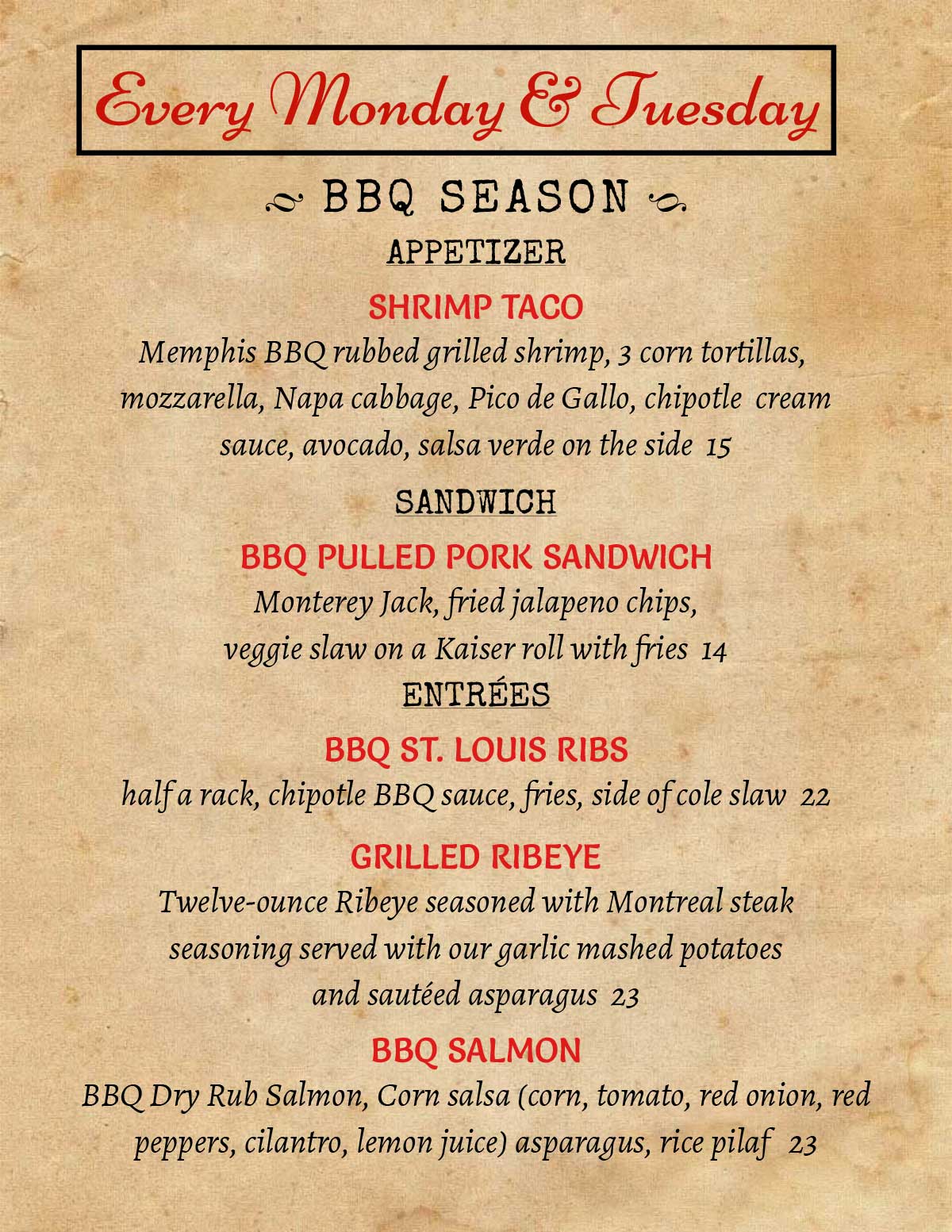 Join Us in Florham Park on Monday &  Tuesday for BBQ Specials 